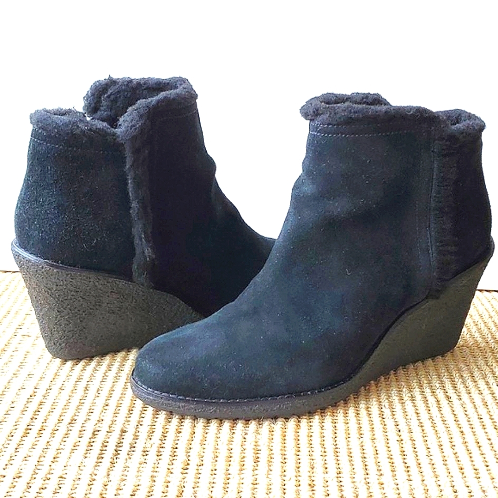 Cole Haan Black Suede Leather Wedge Boots Faux Fur Trim Size 10
